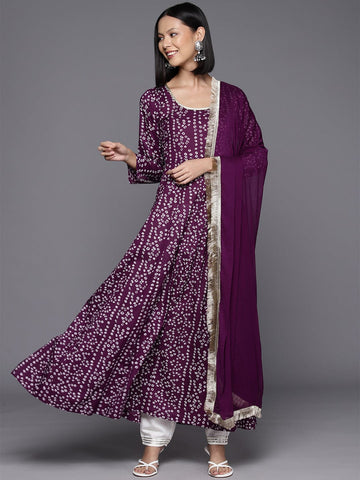 Violet Bandhani Printed Anarkali Kurta Paired With Dupatta